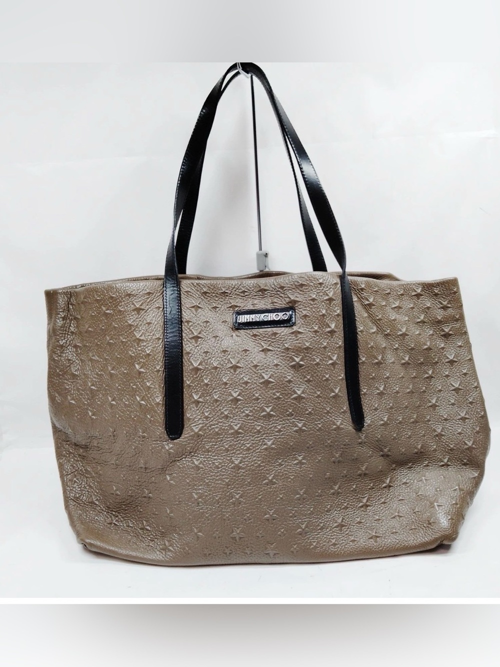 Jimmy Choo Taupe Star-Embossed Leather Tote with Black Straps